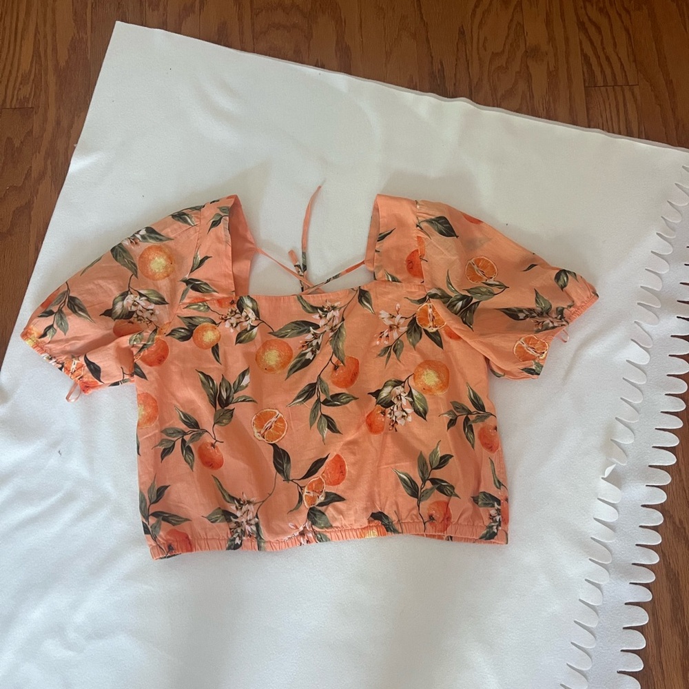 LOFT Peach Floral Square-Neck Cropped Blouse - Picture 3 of 5